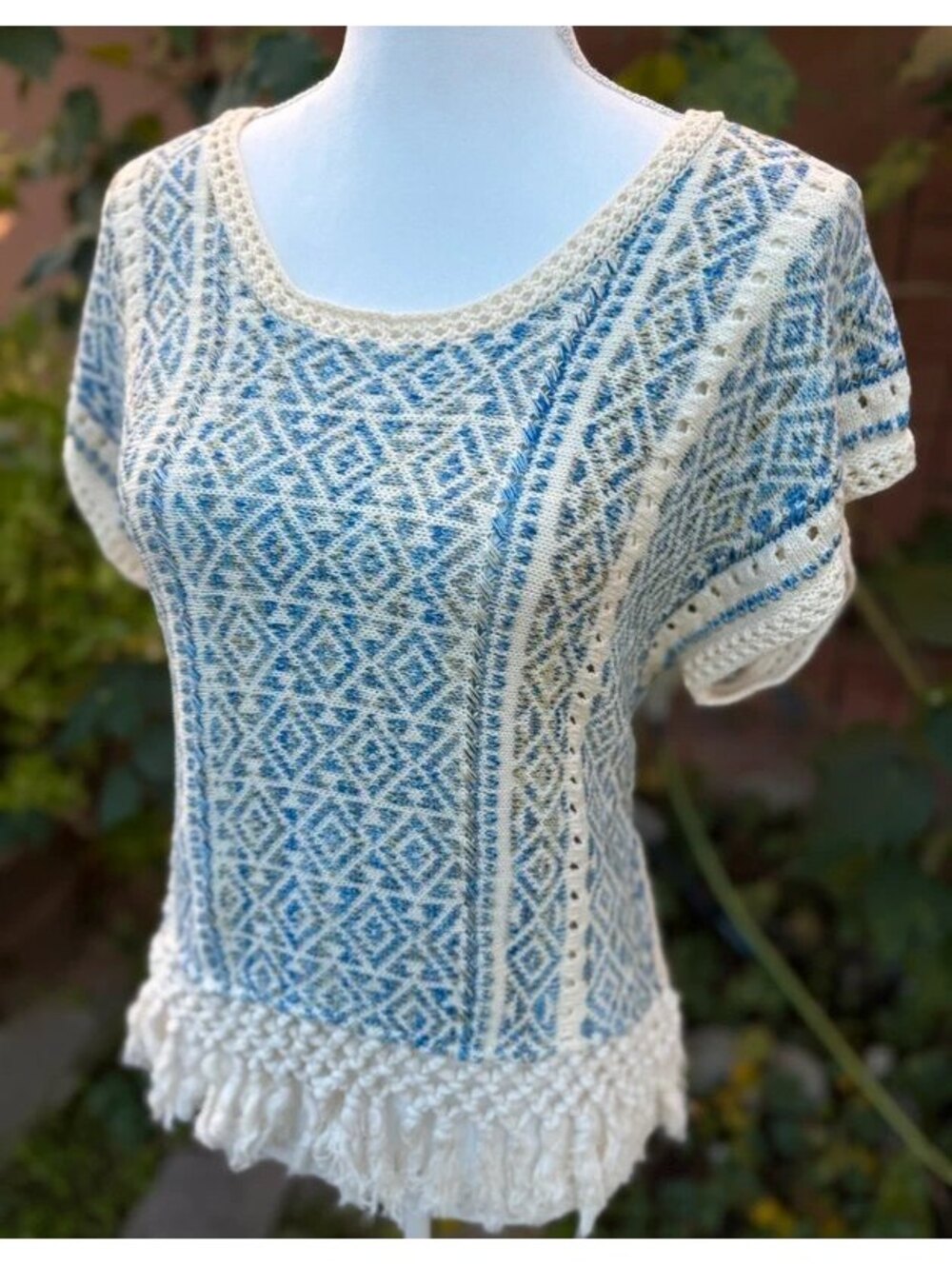 Miss Me Cream & Light Blue Hues Crochet Hem Short Sleeved Sweater Size M